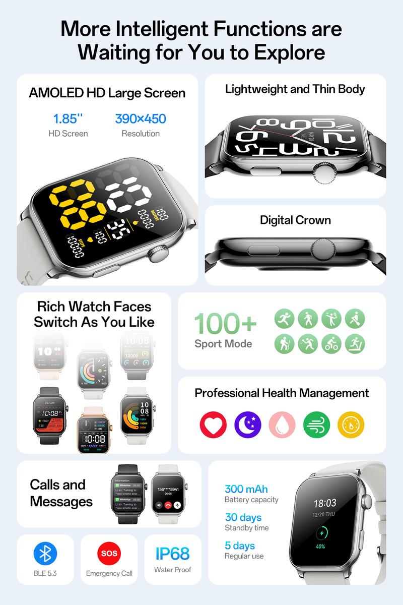 【AMOLED】Aolon GTS3 Smartwatch with AMOLED display, Always-On Display (AOD), Bluetooth calls, blood oxygen and heart rate monitoring, IP68 waterproof, voice control, Bluetooth smartwatch compatible with iOS and Android.
