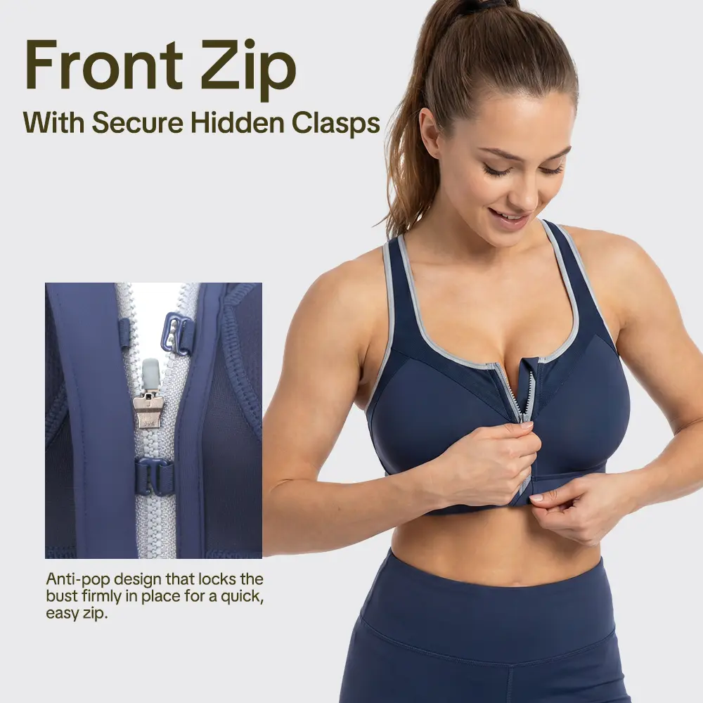 HSIA Speed Race Front Zip High Impact Plus Size Full Coverage Fixed Cups Racerback Sports Bras for Women Burst Proof Workout Bra Breathable Mesh Back Bra Adjustable Padded Straps Advanced Moisture Wicking Fabric Gym Running Bra for Big Bust Everyday