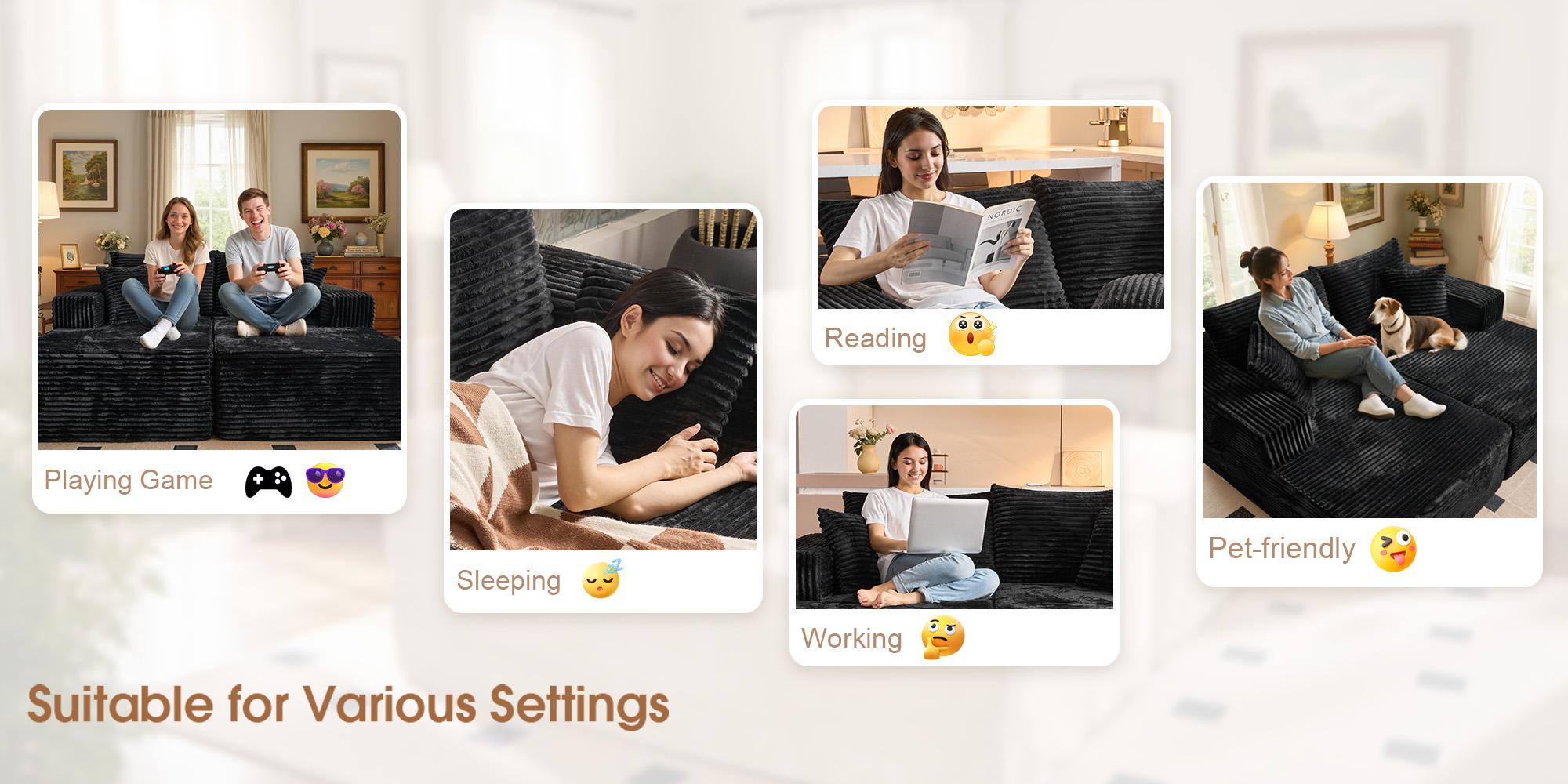 【2 Packages Shipping】Ovios 75" Oversized Sectional Double Lounge Chaise with Cloud Plush Sofa Bed,  Boneless Couch No Assembly Required, Fluffy Modern Sleeper Loveseat Chair for Indoor Living Room Bedroom Movie