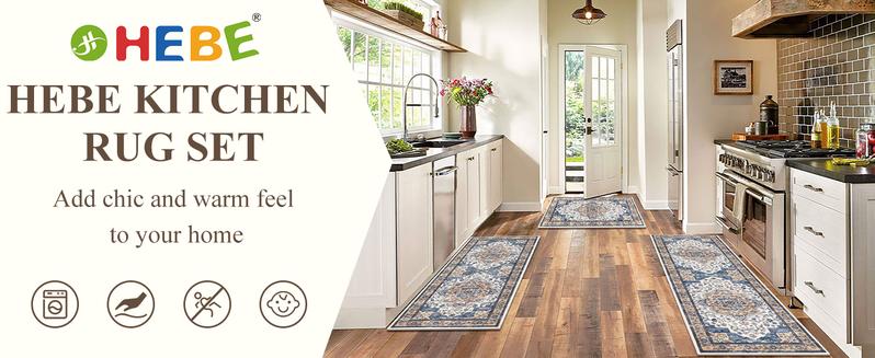 [FebruaryStockUp] HEBE Washable Farmhouse Kitchen Rugs Sets of 3 Non Slip Washable Kitchen Rugs and Mats Boho Kitchen Mats for Floor Kitchen Runner Rug Kitchen Carpet Rug Runner for Hallways Kitchen Laundry