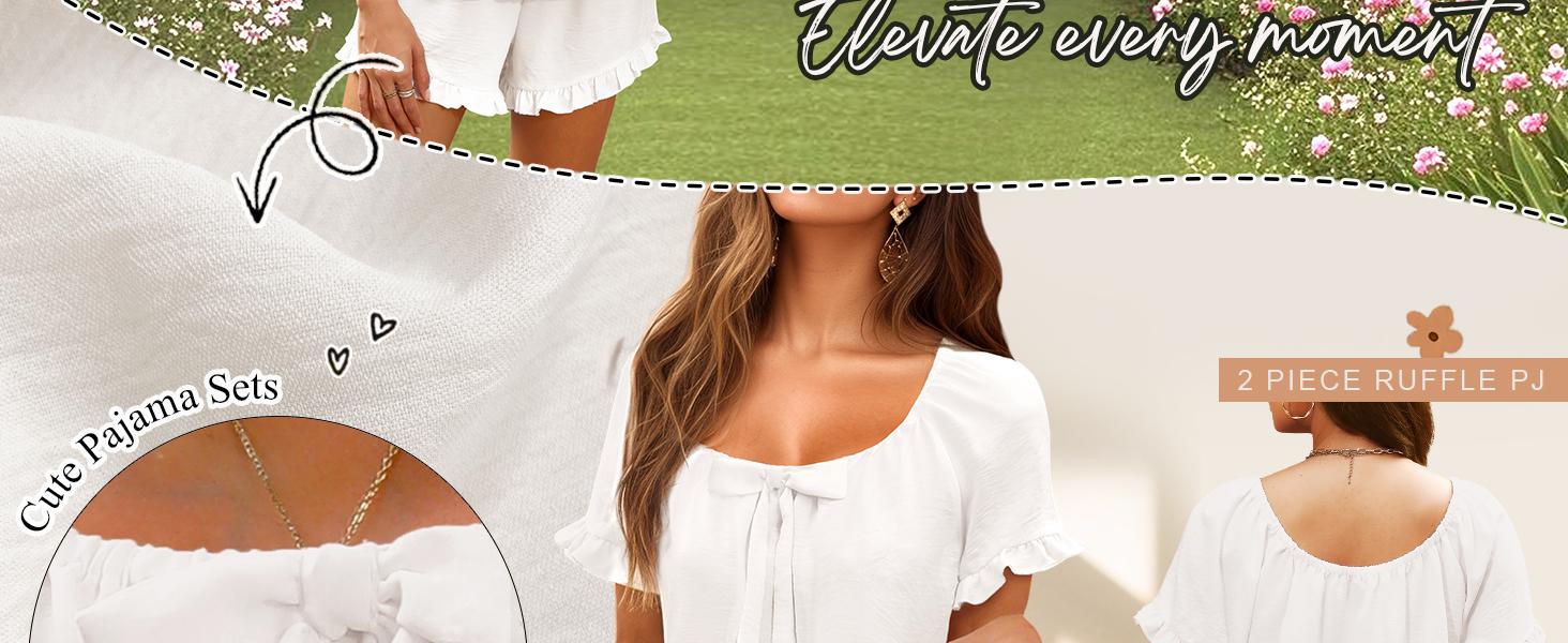 KFUBUO Womens Pajamas Set 2 Piece Ruffle Pj Soft Short Sleeve Tops and Shorts Sleepwear Set Cute Pajama Sets for Women