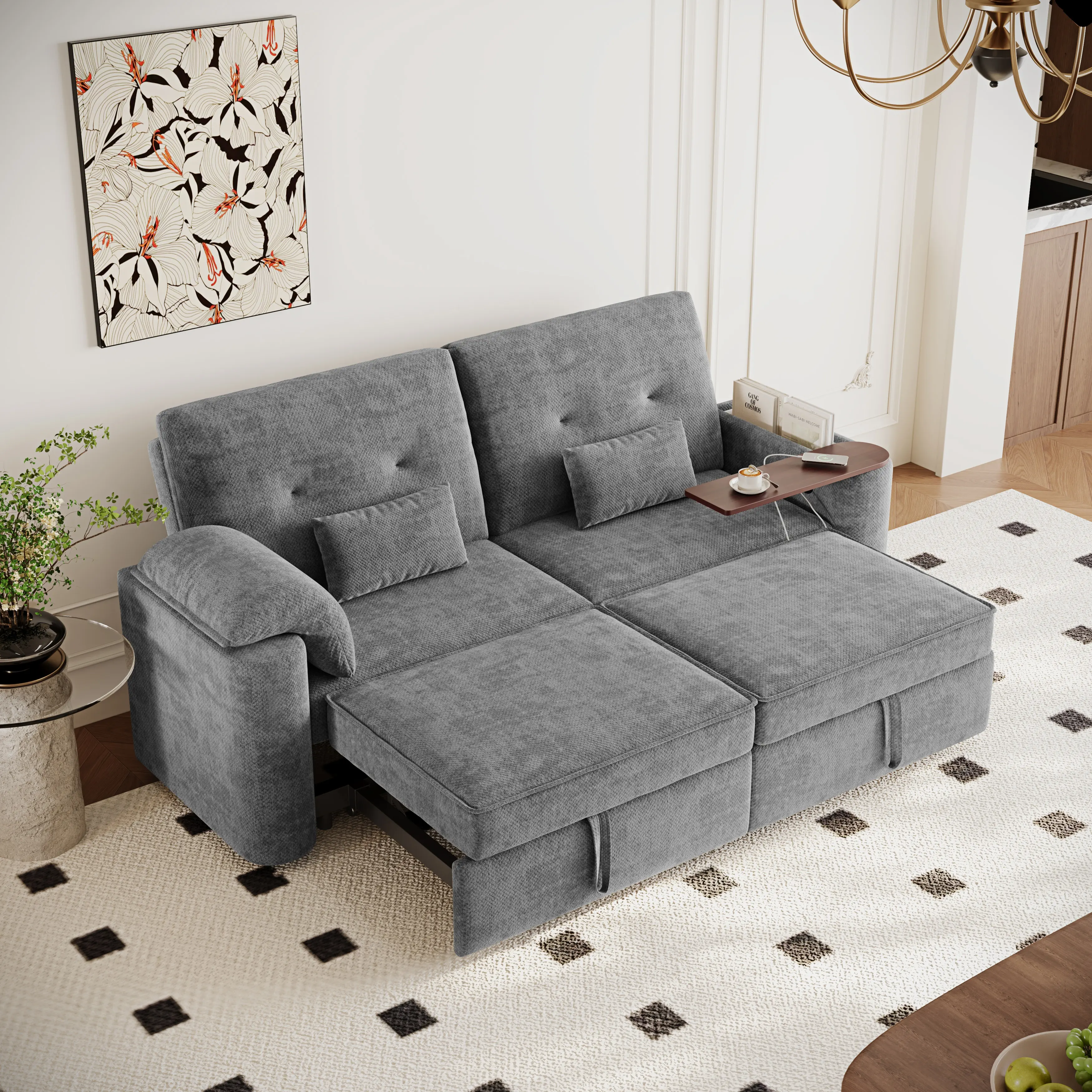 82'' Folding Convertible Sofa Bed, 3-in-1 Pull Out Sleeper Sofa with 270° Swivel Side Table, Chenille Couch for Living Room