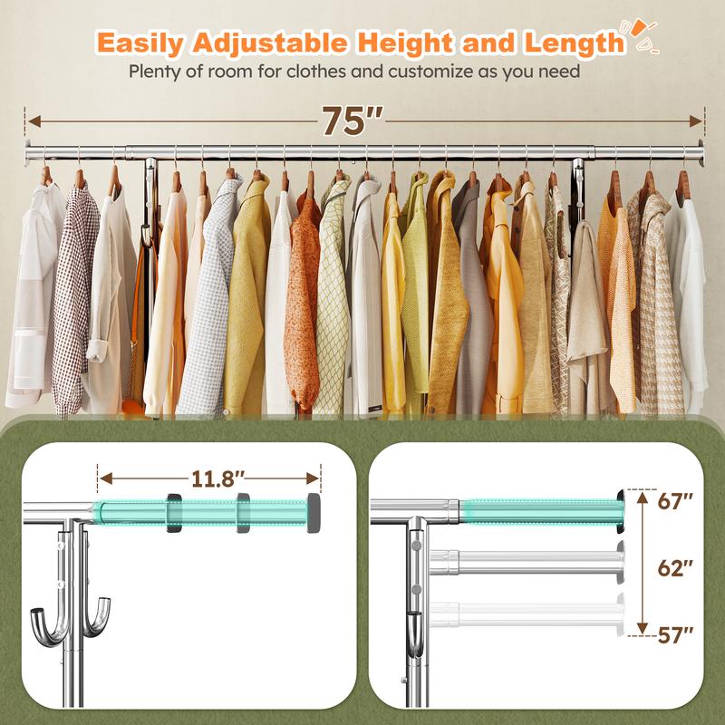 Raybee Furniture Clothes Rack for Hanging Clothing Rack with Hooks, Extendable & Height Adjustable Coat Rack, Heavy Duty Clothes Racks Holds Up to 440LBS, Portable Rolling Garment Rack with Lockable Wheels & 4 Hooks, Chrome【Gift Ideas】