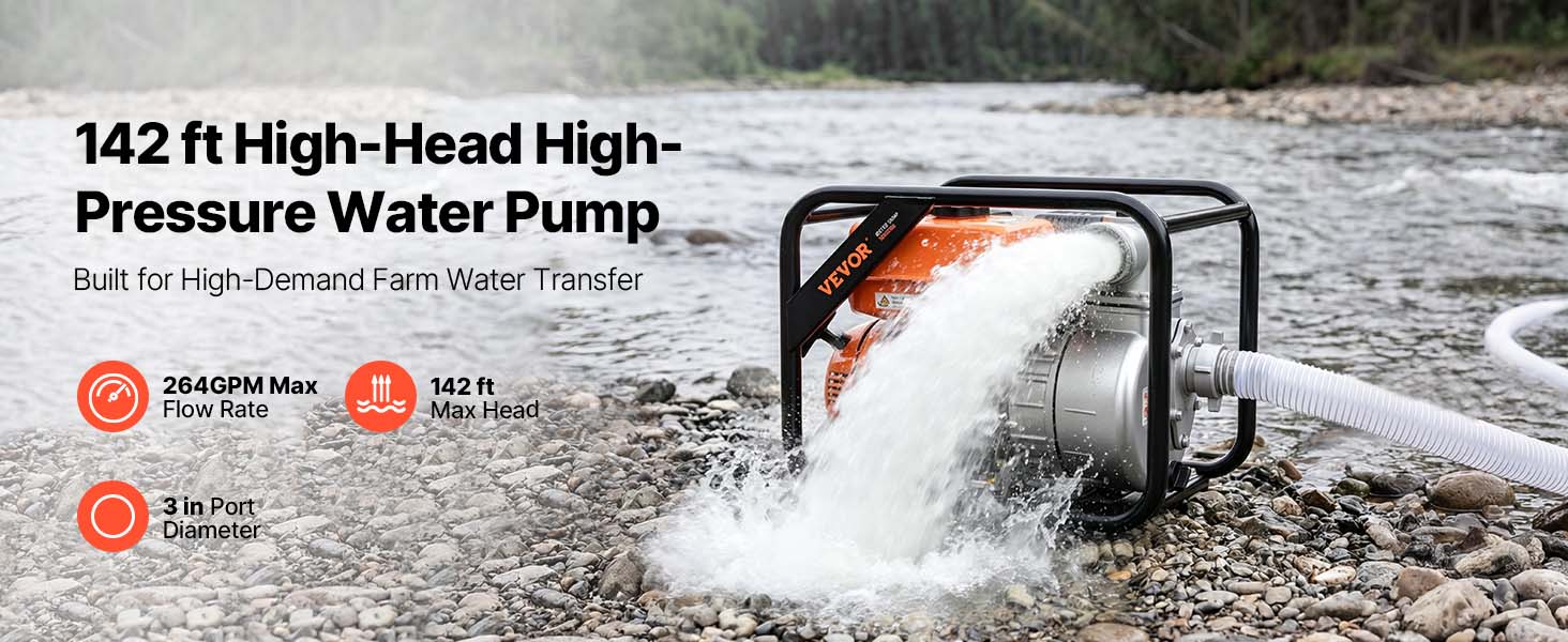 【Summerfinds】VEVOR 3-in Gas Powered Semi-Trash Water Transfer Pump, 7 HP Power, 264 GPM, Cast Iron Impeller, Heavy Duty Frame, 25 ft Discharge Hose, Anti-Vibration Pads, for Ponds, Drainage, Floodwater