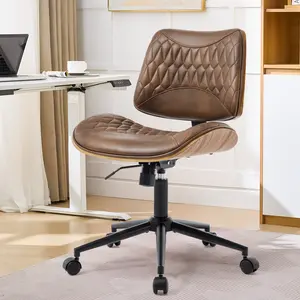 Armless Office Chair, Adjustable PU Leather Desk Chair with Wood Grain Finish, 360° Swivel Modern Task Chair for Home Office, Bedroom, Study