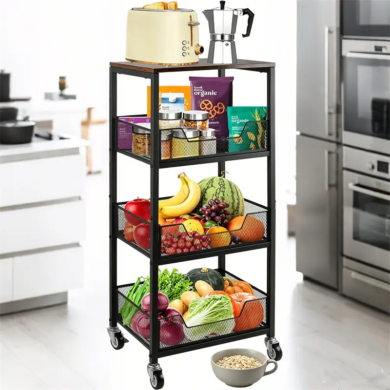 3-Tier Rolling 3-Compartment Utility Cart with Sturdy Wood Top, Metal Frame, Locking Castors - Rectangle Home Organizer Racks, Single Unit Boxed Set for Kitchen Pantry Jars Accessories