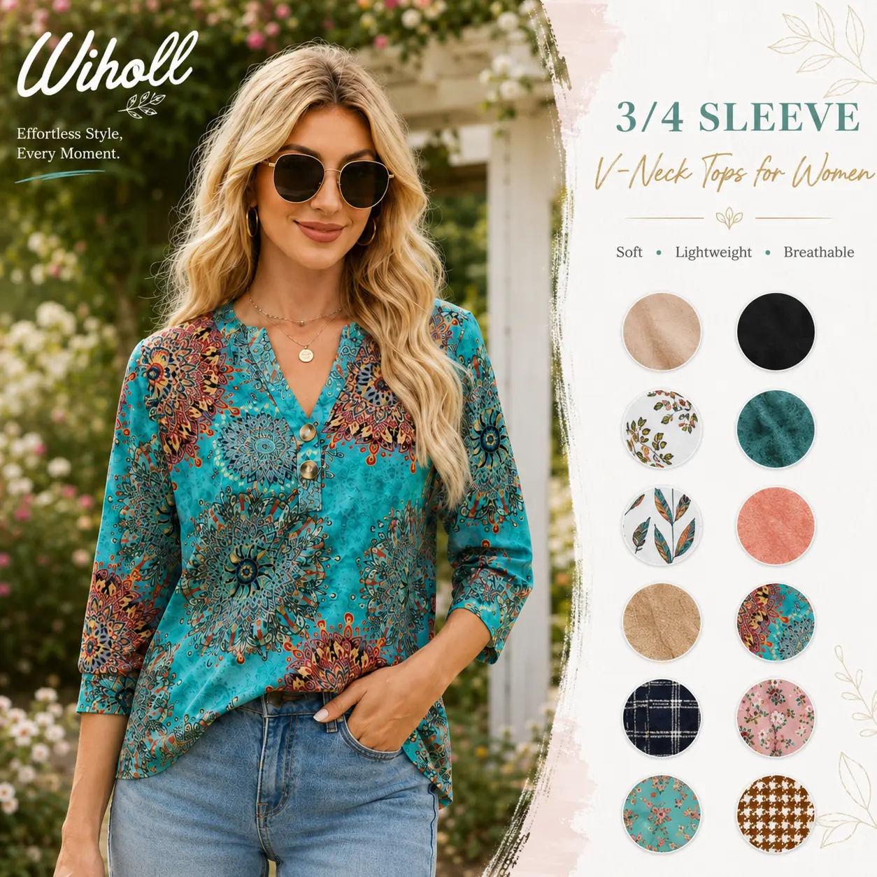 WIHOLL 3/4 Sleeve Tops Summer Outfits for Women Breathable Lightweight Blouses Air Conditioner Friendly Loose Fit Beach Vacation Girls Adjustable
