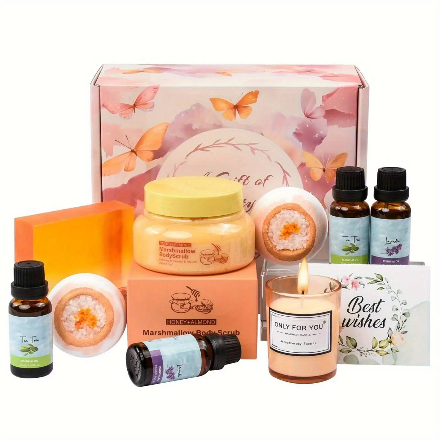 Aroma Body Care Gift Basket Set, Birthday Gift Basket for Her with Essential Oils, Body Scrubs, Scented Candles and Other Core Items, Cosmetic