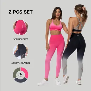SHAFITS Women's Gradient 2-Piece Workout Set | Removable Padded Crisscross Back Sports Bra + High-Waisted Mesh Leggings | Tummy Control for High-Intensity Workouts & All-Day Wear