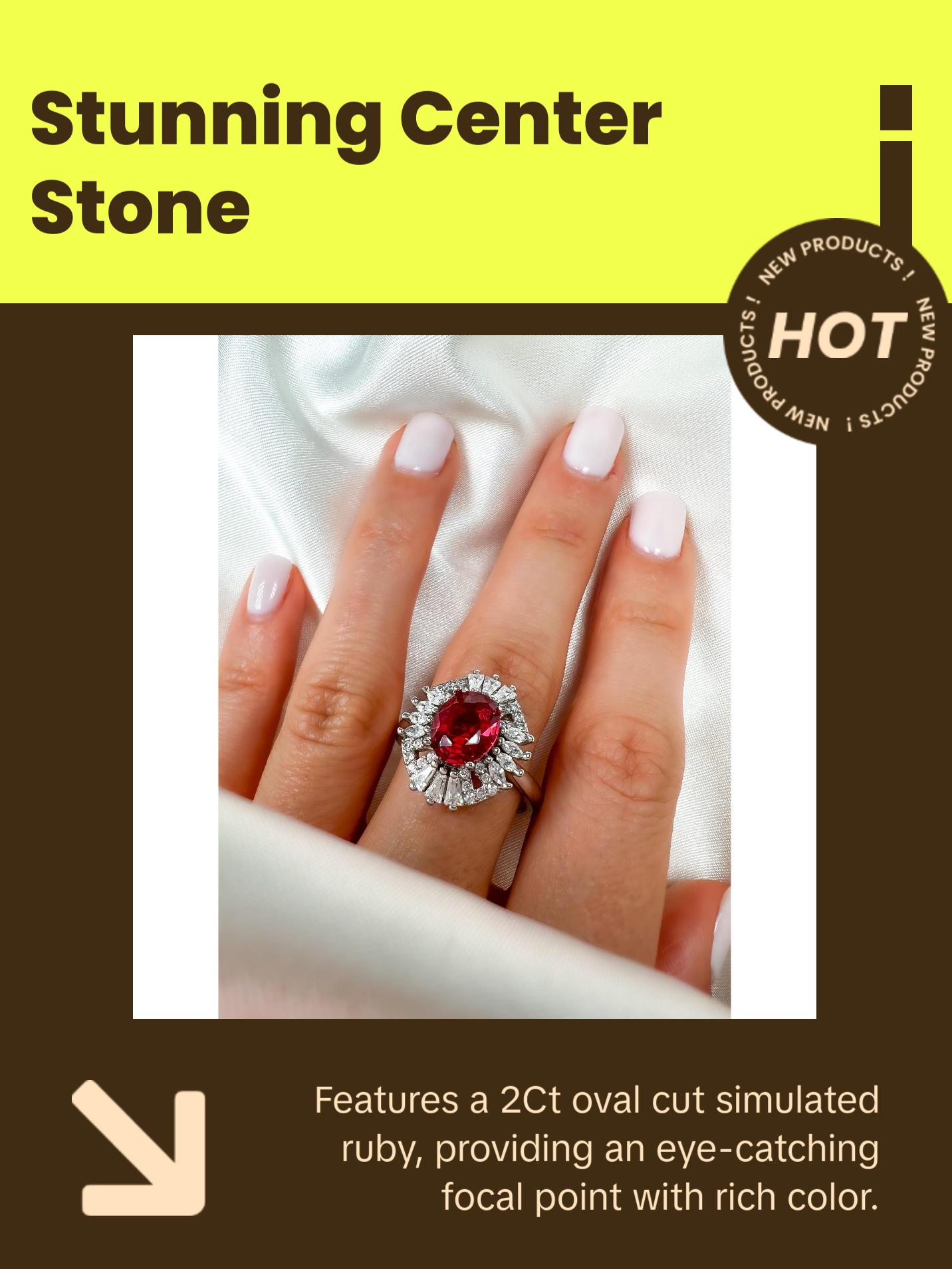 2 Ct Oval Cut Ruby Statement Silver Ring, Size 8.25