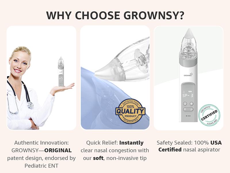 Growsy Electric Nasal Aspirator for Babies  Toddlers Gentle Nose Sucker with 3 Soft Silicone Tips Adjustable Suction Soothing Music & Light Safe Easy Automatic Mucus Removal Doctor Recommended