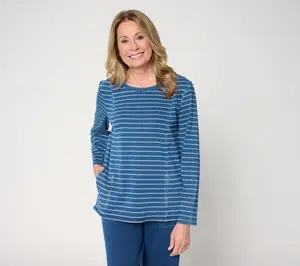 Denim & Co. Comfy Knit Air Striped Long Sleeve Top w/ Pockets