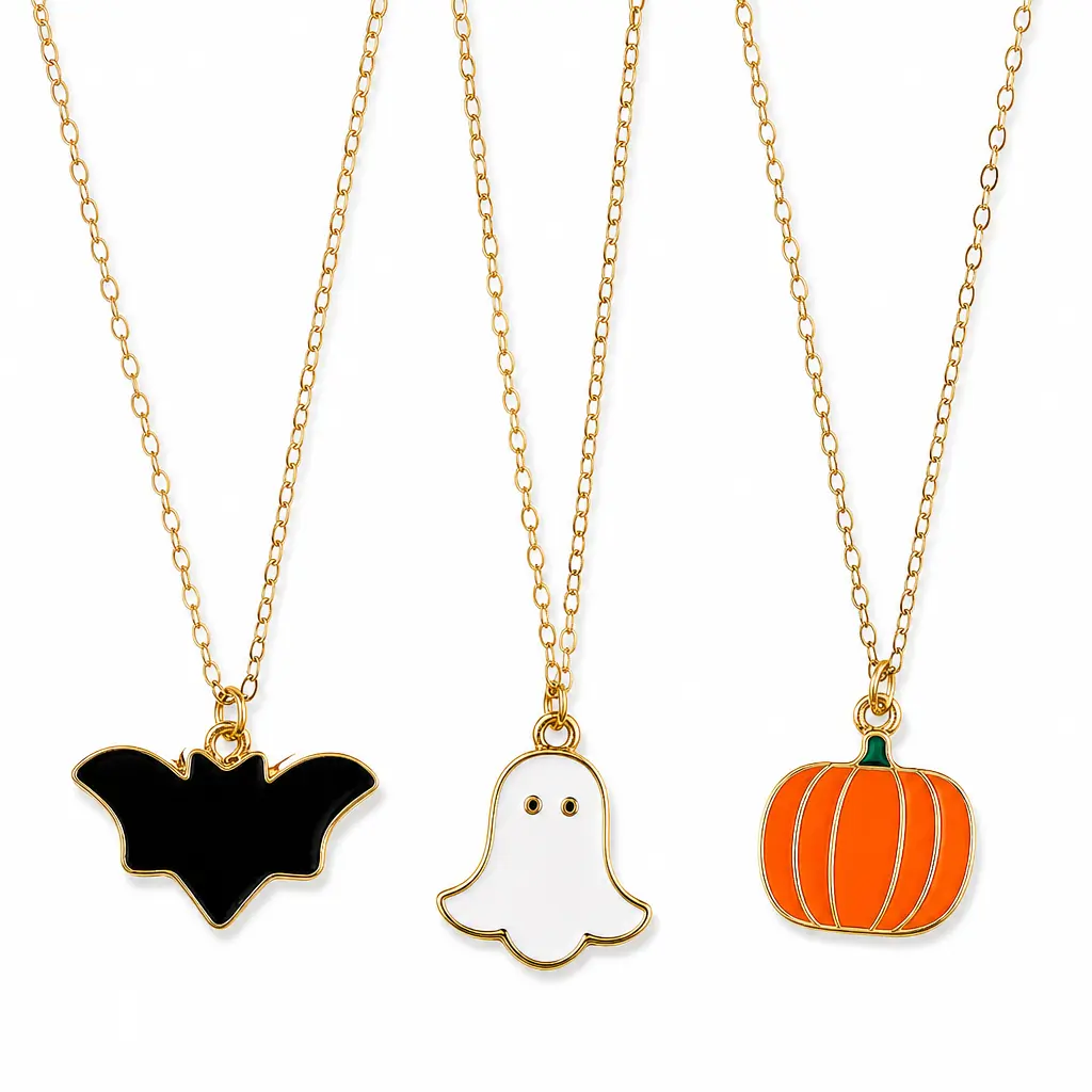Halloween Bat Ghost & Pumpkin Pendant Necklace, Gold-Tone Alloy Spooky Season Necklace for Women, 40cm + 8cm Adjustable Chain, Cute Fall Jewelry