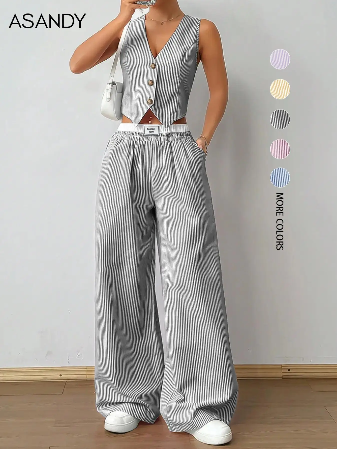 Women's Striped Print Vneck Fitted Vest Top & Wide Leg Pants Two-Piece Set, Casual Sleeveless Top & Pants for Summer, Ladies Clothes for Daily Wear, Summer Outfit Set