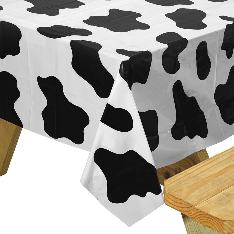 Cow print tablecloth (pack of 6 pieces) 54 x 72 inch farm animal themed party tablecloth, birthday party supplies, and picnic table cover (black and white)