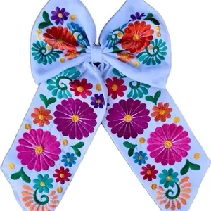 Embroidered Floral Large Mexican Hair Bows - Moños Bordado Tamaño Grande 15” Long Embroidered Hair Bow Clip with Colorful Design