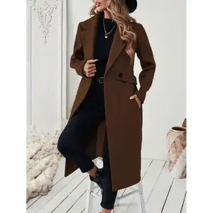 Women's Notched Collar Camel Wool Blend Coat With Belt Long Coat Fall Coat Brown Button