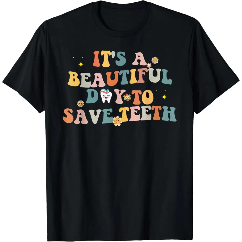 Unisex Retro Graphic Cotton Dental T-Shirt - Groovy "It's a Beautiful Day to Save Teeth" Funny Shortleeve, Casual Wear, Regular Fit Sports Top for Summer, Shortsleeve, Menswear