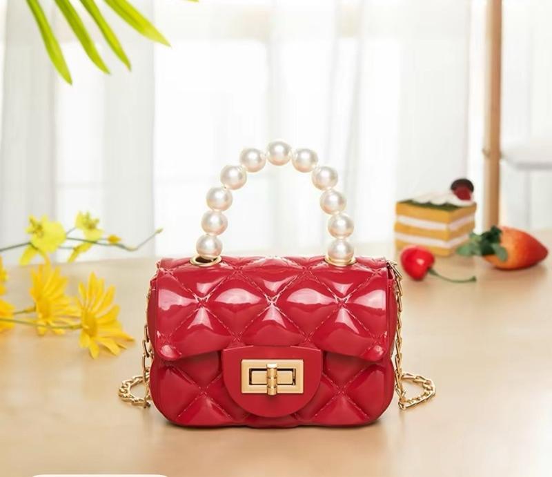 Women Girls Handbags Red Quilted Pearl Handle Crossbody Bag with Gold Chain Strap