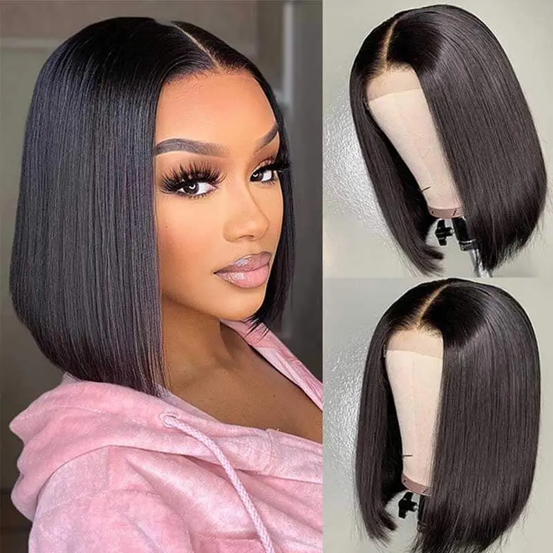 QVR Glueless Pre-cut 13x4 / 4x6 HD Lace Closure Human Hair Short Bob Wigs Straight Wear and Go Wigs