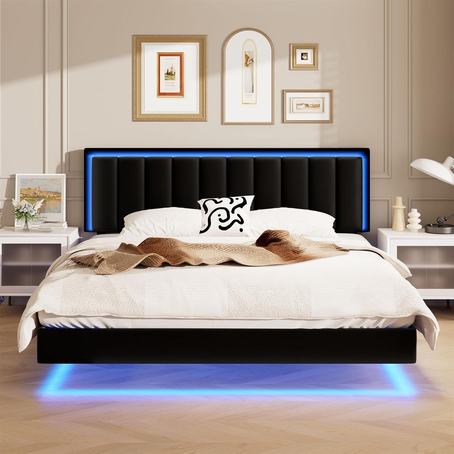 HOMBCK Floating Bed Frame with LED Lights, No mattress, Solid Wood Slats Support, No Box Spring Needed, Noise-Free, Easy Assembly