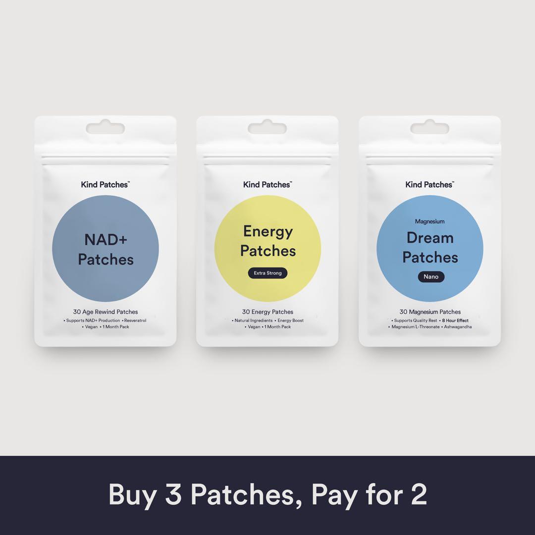 Kind Patches Boost & Reset Bundle, Energy Extra Strong + Dream Melatonin Extra Strong + NAD+ Patches, Natural Ingredients, Caffeine, Magnesium, Ashwagandha, Age Rewind, 3 Months Supply Kind Patches Boost & Reset Bundle, Energy Extra Strong + Dream Melatonin Extra Strong + NAD+ Patches, Natural Ingredients, Caffeine, Magnesium, Ashwagandha, Age Rewind, 3 Months Supply