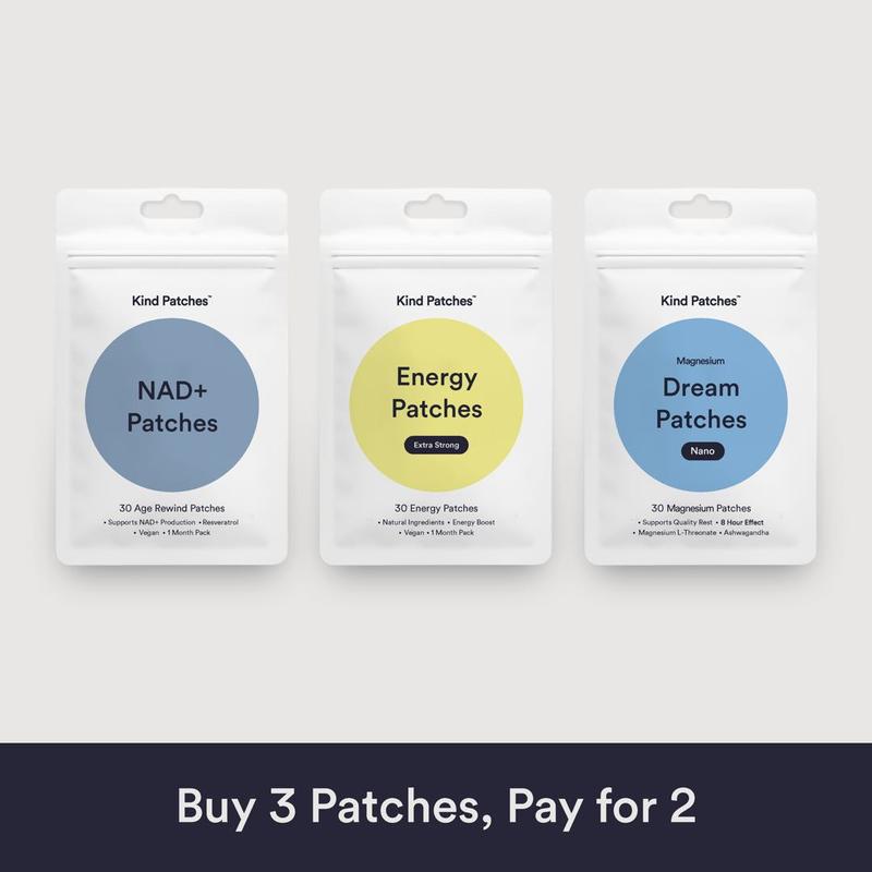 Kind Patches Boost & Reset Bundle, Energy Extra Strong + Dream Melatonin Extra Strong + NAD+ Patches, Natural Ingredients, Caffeine, Magnesium, Ashwagandha, Age Rewind, 3 Months Supply