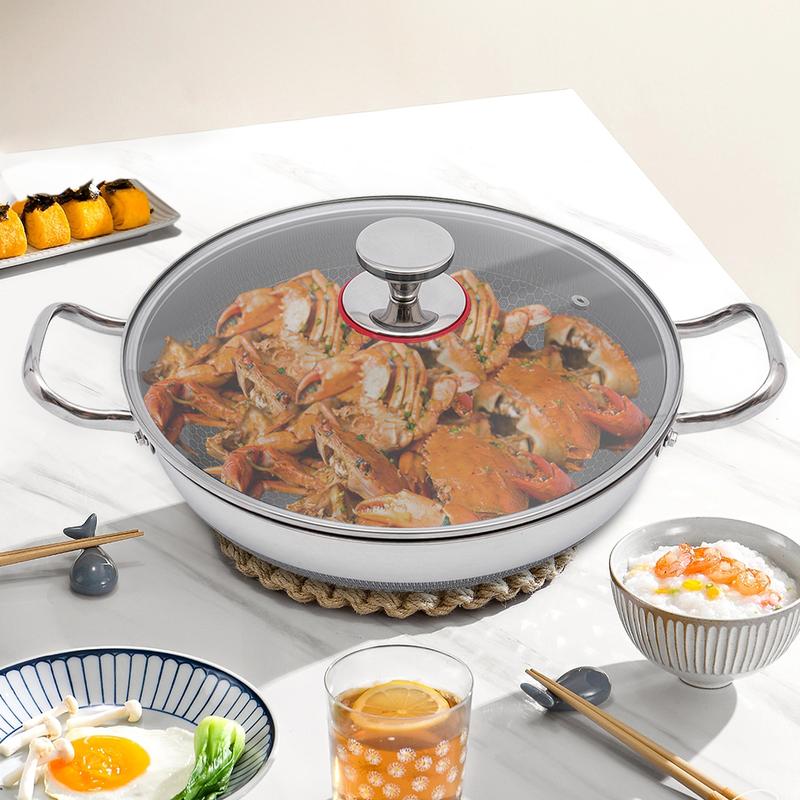 Professional 316 Stainless Steel Frying Pan Induction Compatible Non Stick Skillet for All Stovetops Gas Electric Ceramic Even Heating Restaurant Grade Cookware with Glass Lid