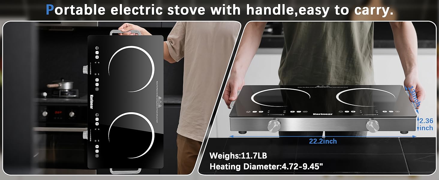 Karinear 2000W Portable Electronic Induction Cooktop - Double Burner Energy-Saving Multi-Function Induction Hobs, Cooking Equipment with Handle, Child Safety Lock, Knob & Touch Controls, 9-Level Adjustable Temperature, US Plug Kitchen Appliance Karinear 2000W Portable Electronic Induction Cooktop - Double Burner Energy-Saving Multi-Function Induction Hobs, Cooking Equipment with Handle, Child Safety Lock, Knob & Touch Controls, 9-Level Adjustable Temperature, US Plug Kitchen Appliance