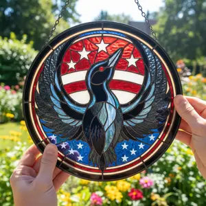 Rebel Loon Stained Glass Suncatcher, Minnesota Bird with American Flag Window Hanging, 4th of July Decor