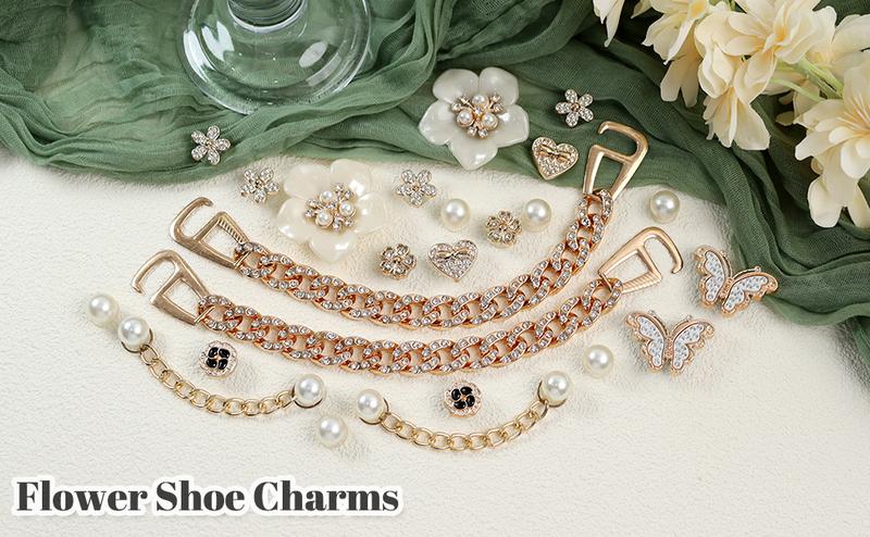 24 Pcs Bling Shoe Charms for Women with Flower Pearl Sparkling Chains & Unique Shapes DIY Accessories for Clog Rhinestone Shoes Chain Charm Cute Shoe Charms for Birthday Party