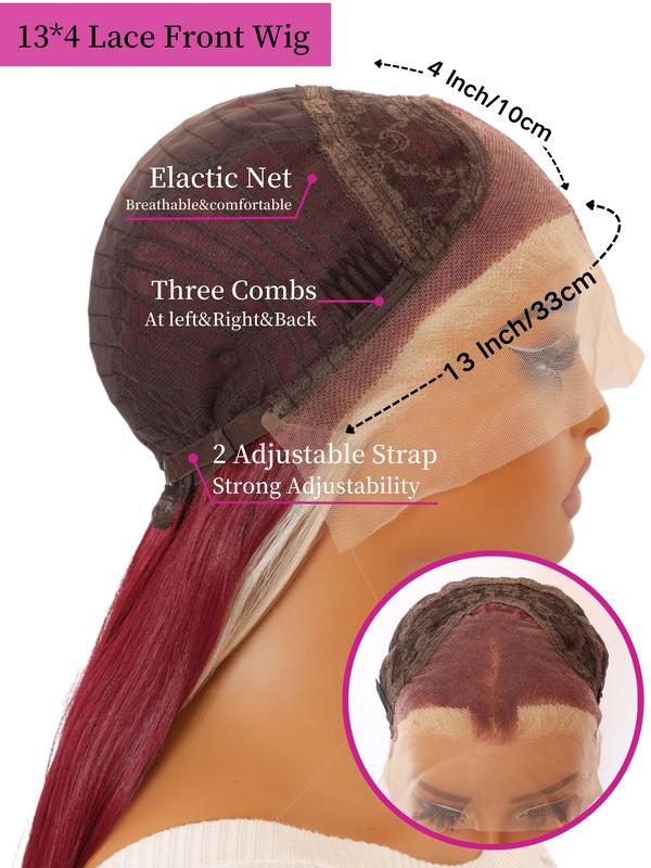 Burgundy With Blonde Highlights Lace Front Wig, Wine Red 13x4 Lace Front Wig,Heat-resistant Synthetic Fiber Wigs,Cosplay Halloween Party Use (28 Inch)