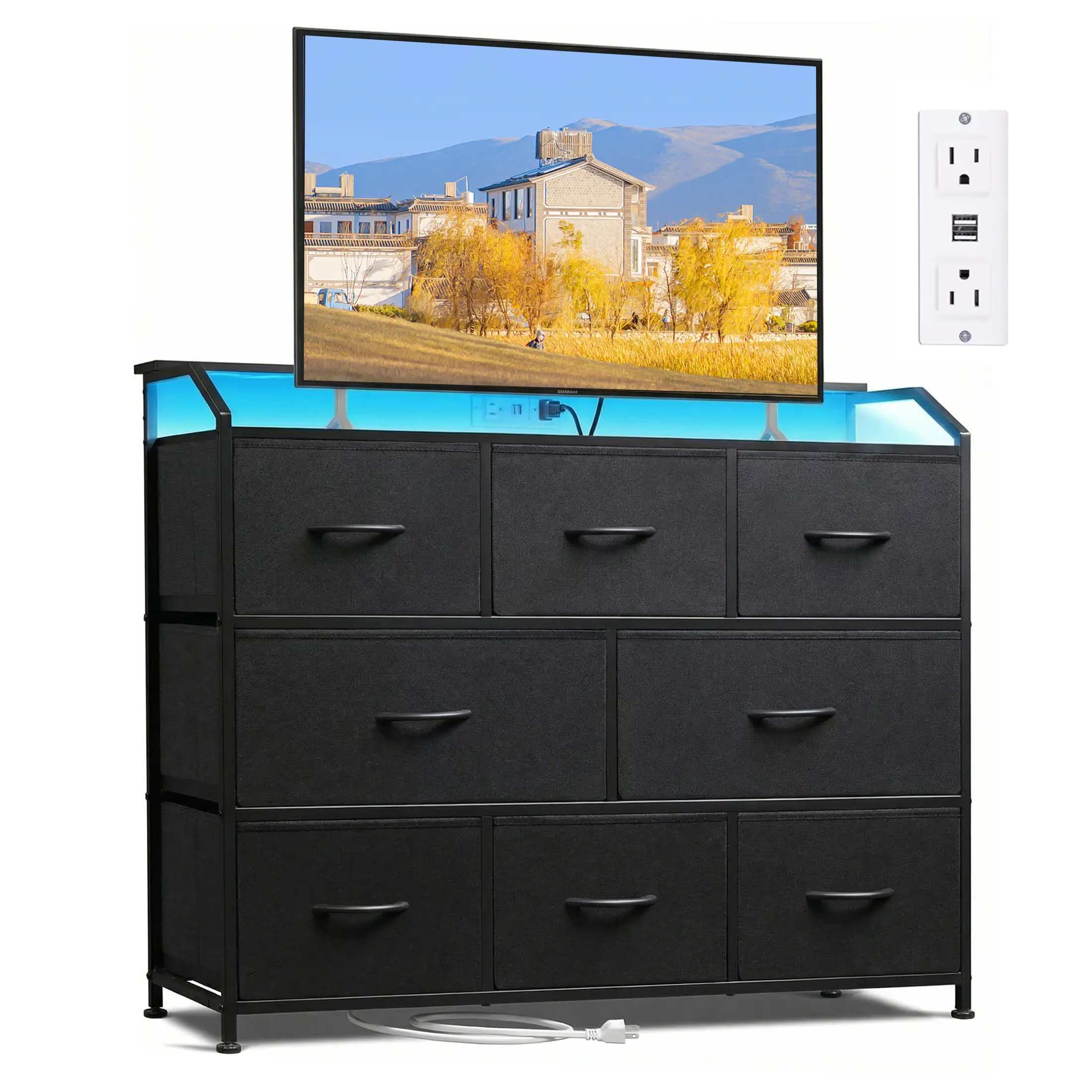 Sweetcrispy 8-Fabric-Drawer Durable Modern Storage Cabinet - Living Room Sideboard, Space Saver, Media Cabinet, Built-In Power Hub, Customizable RGB Lighting, Room Decor, Small Space Organization Furniture, Space Saver Cabinet