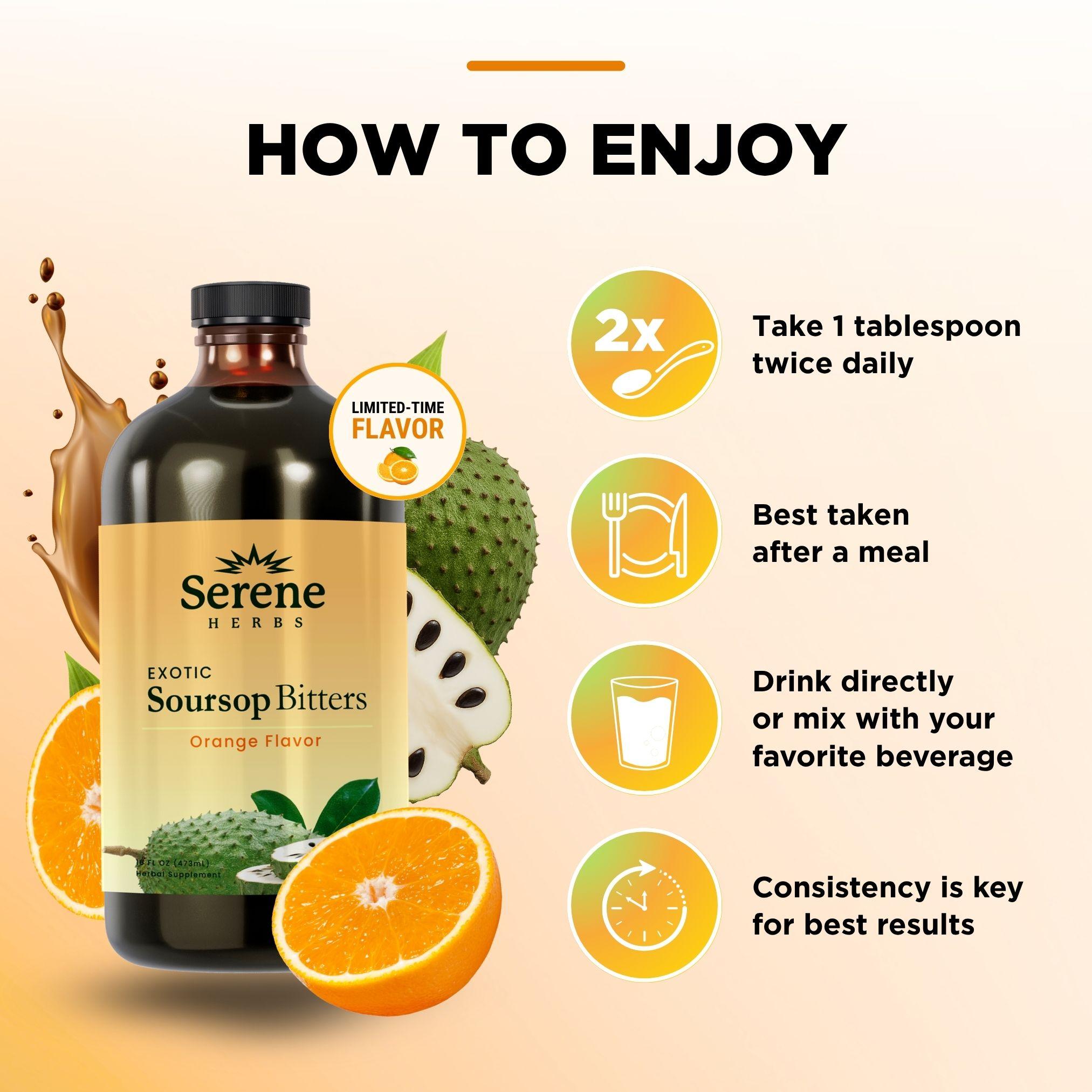 Serene Herbs Soursop Bitters Liquid Orange with Soursop Leaves for Gut Cleanse, Detox, Digestive Wellness & Immune Boost with Black Seed, Moringa, Irish Moss, Ashwaganda, Turmeric (16 FL oz, Orange)
