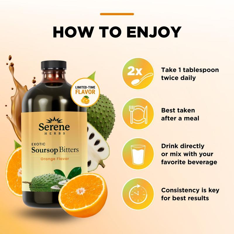 Serene Herbs Soursop Bitters Liquid Orange with Soursop Leaves for Gut Cleanse, Detox, Digestive Wellness & Immune Boost with Black Seed, Moringa, Irish Moss, Ashwaganda, Turmeric (16 FL oz, Orange)