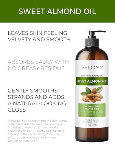 velona Sweet Almond Oil - 16 Fl Oz | Pure and Natural Carrier Oil |Cold Pressed | Skin, Hair, Body & Face Moisturizing | Use Today - Enjoy Results…