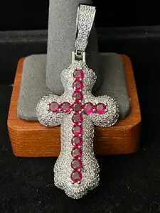 14K White Gold Iced Out VVS CZ W/ Red Stones Cross