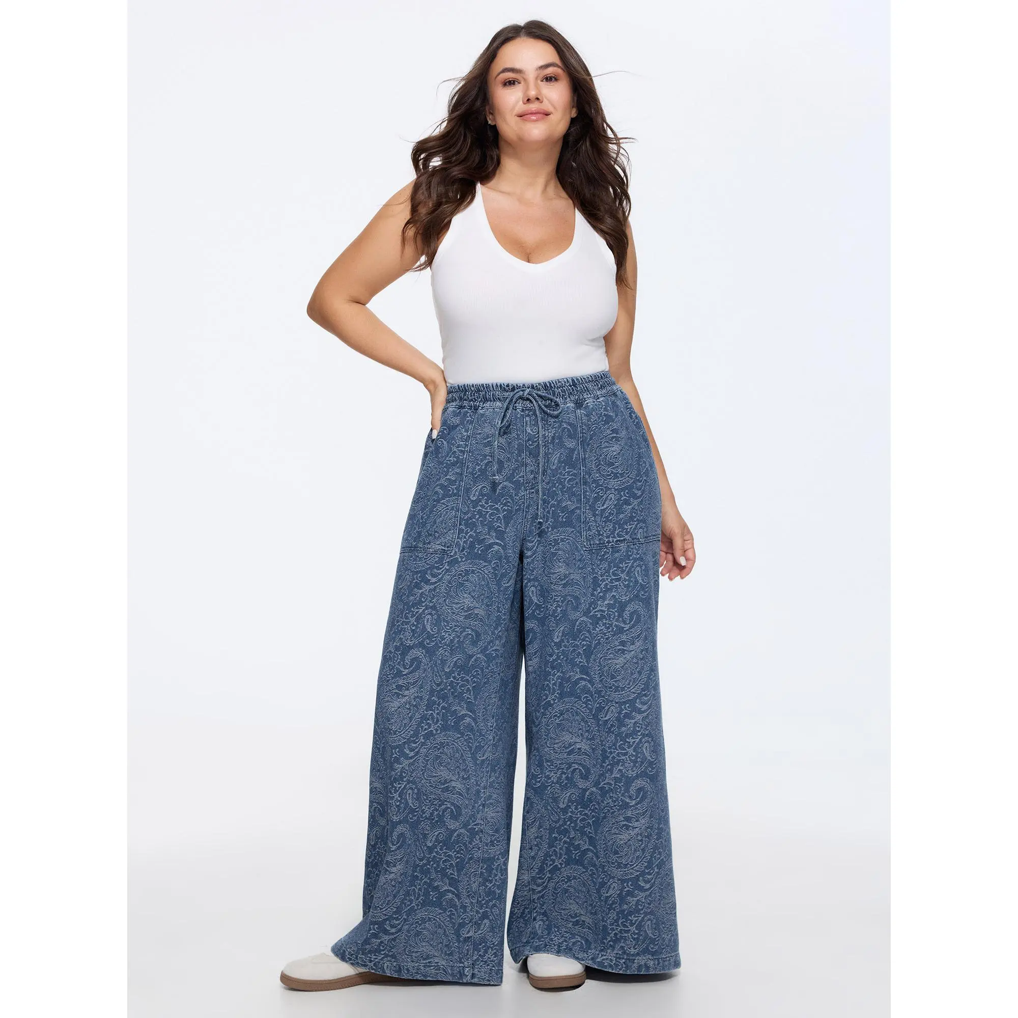 BLOOMCHIC Women's Plus Size Oversized Polyester Washed Paisley Print Drawstring Baggy Wide Leg Jeans - Loose Fit, Functional Pocket, Soft Fabric, Sizes M-6X, 2026 Summer Finds