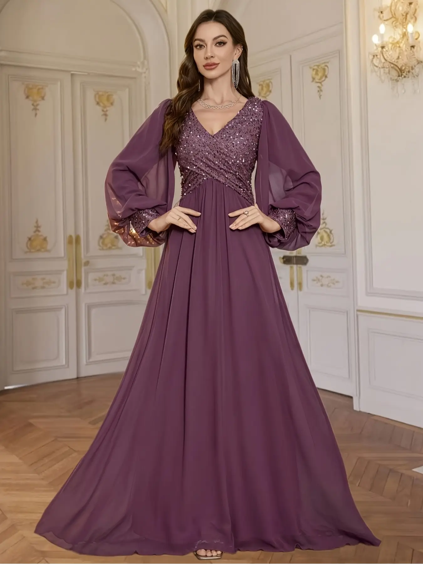 Elegant V-Neck Long Sleeve Sequined Lightweight Chiffon Fabric Evening Dress, Perfect for Weddings, Celebrations, Formal Events, and High-End Parties