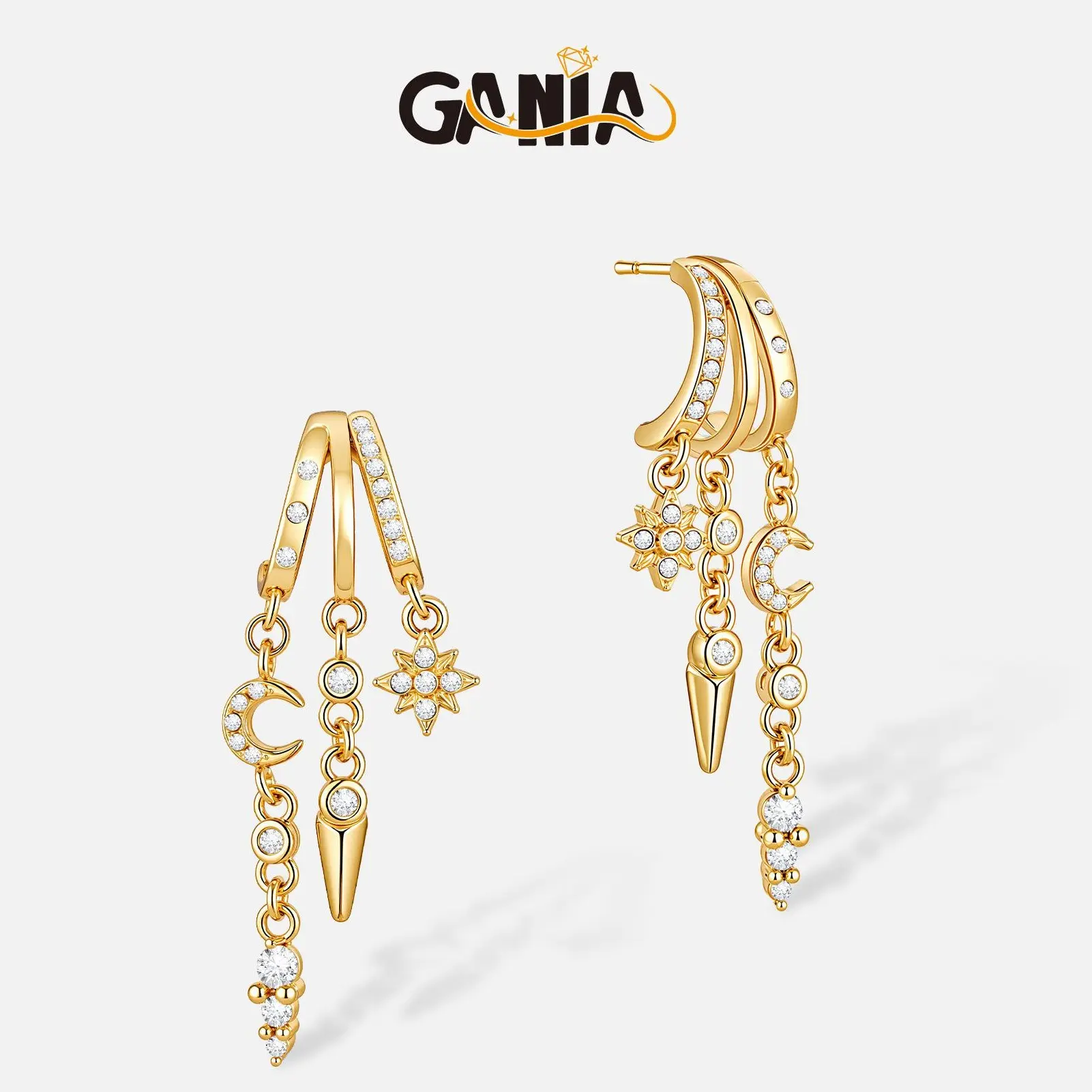 GANIA Gold-Plated Triple Huggie Earrings (Brass Base) – 3-Ring Hoop Set with Drop Chain, Fashion Jewelry Gift for Women