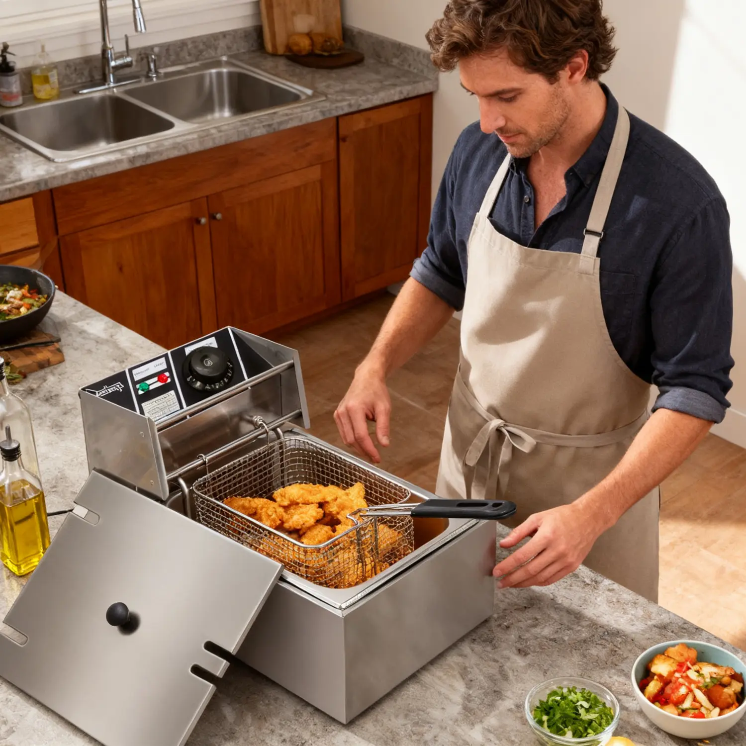 Electric frying pan with basket lid, 6L stainless steel frying pan with countertop temperature control, the frying basket has a handle to prevent burns, the lid prevents boiling oil from splashing, safe and convenient to operate.