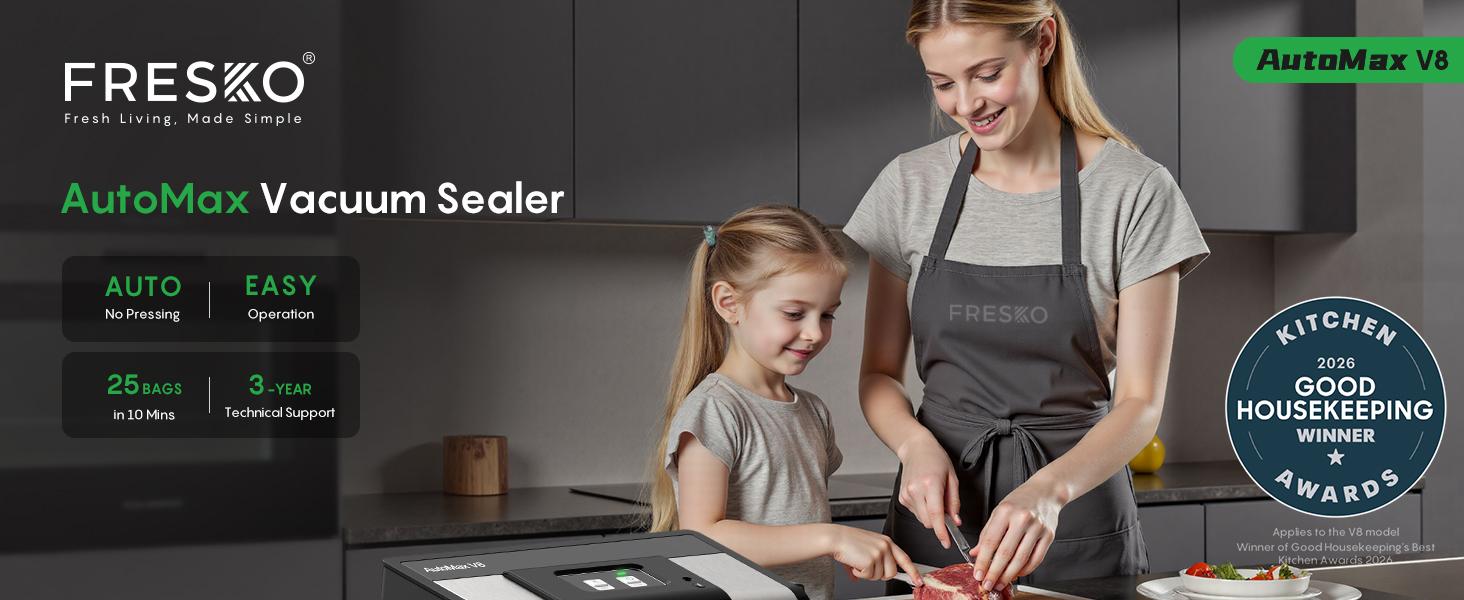 FRESKO AutoMax V8 Heavy Duty Vacuum Sealer Machine, Automatic Food Saver with Dry & Moist Modes, Built-in Cutter & Bag Storage, Includes Bags & Rolls