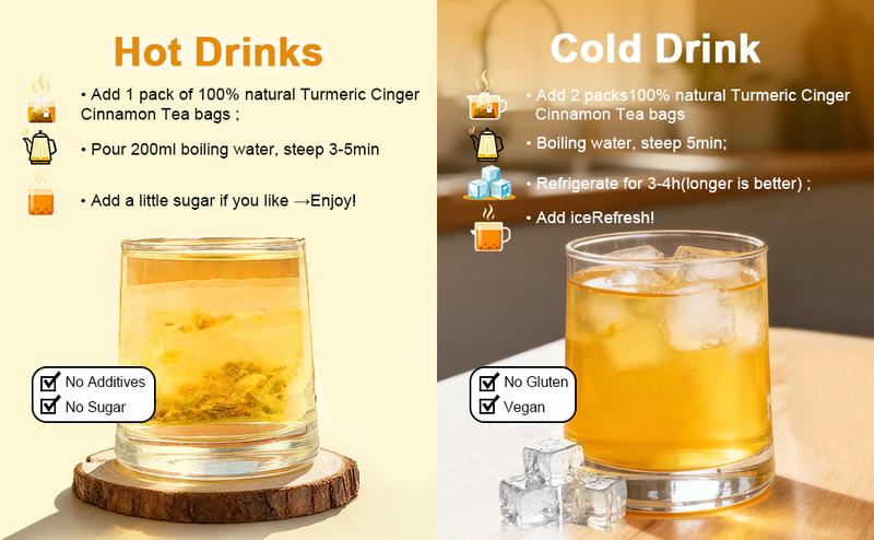 Turmeric and Cinnamon Tea: 100% natural, rich in turmeric, ginger, and cinnamon. Suitable for the ketogenic diet, dairy-free, sugar-free, caffeine-free, gluten-free, a vegan and healthy drink that aids digestion. 60-sachet value pack of herbal tea.