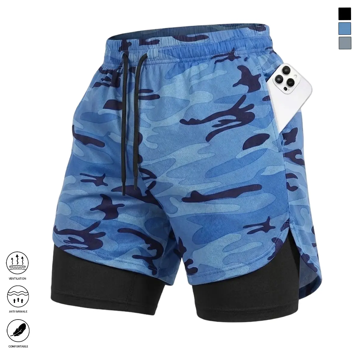 Men's Camo Fake Two-Layer Shorts, illusion hem with built-in liner look, elastic drawstring waist and side pockets, ideal for gym, running, or streetwear – 100% quick-dry polyester, lightweight & breathable – stay bold, edgy, and sweat-free all day.