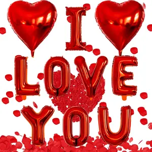 I Love You Balloons and Heart Balloons Kit with Rose Petals, Red Valentines Day Balloon Foil Love Balloon for Him/Her Anniversary Wedding Party Supplies, Romantic Decorations Special Night