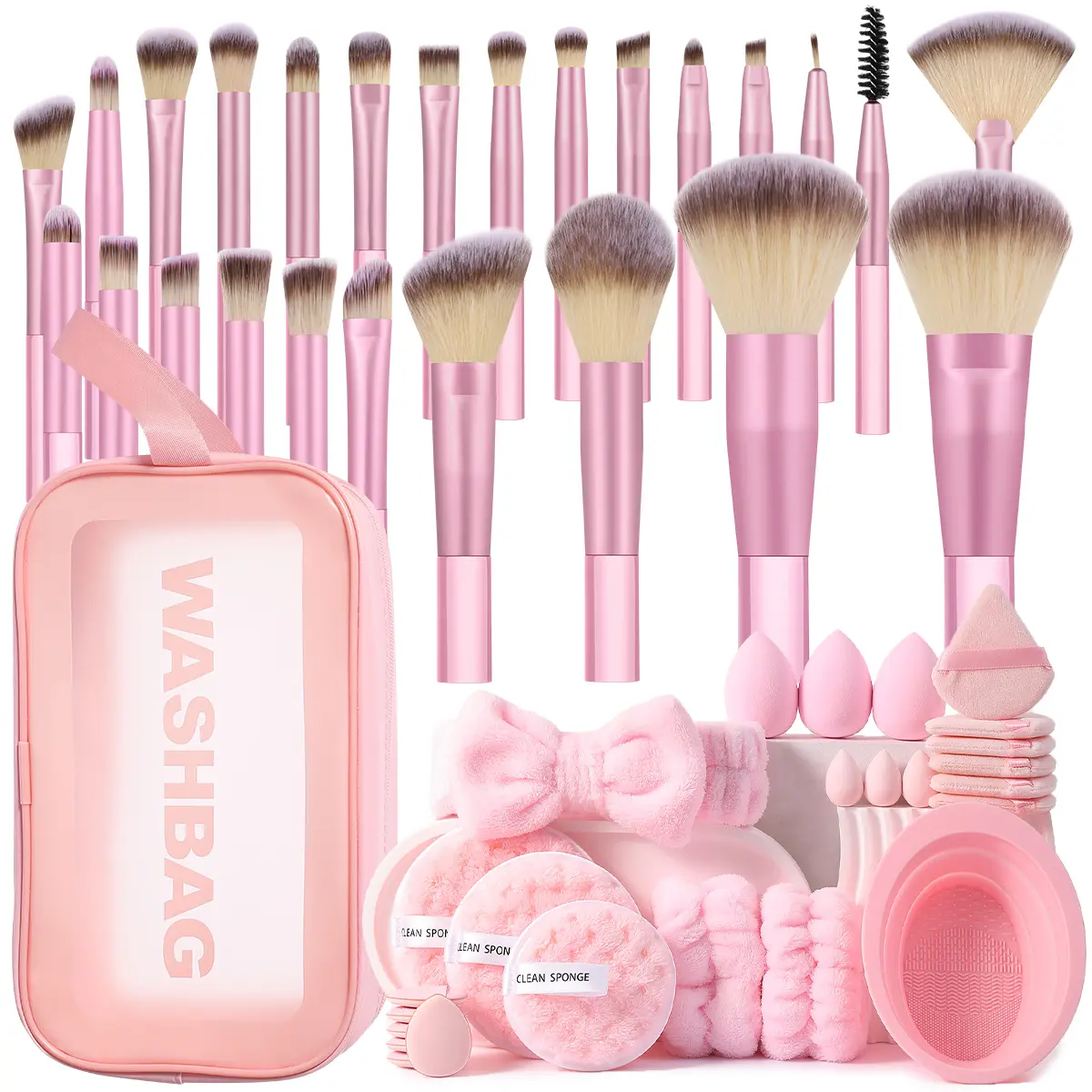 51PCS All-in-One: 25 Makeup Brush Set with Storage Bag + 3-Piece Waterproof Travel Organizer Set + Practical Detachable Cleaning Bowl + 21PCS Triangular & Oval Velvet Powder Puffs – Ideal for Daily Makeup, Flawless, C, Makeup Accessories, Accessories For