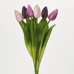 Mixed Purple & Cream Silk Tulip Bud Bouquet Bundle of 6 Faux Stems - 20"