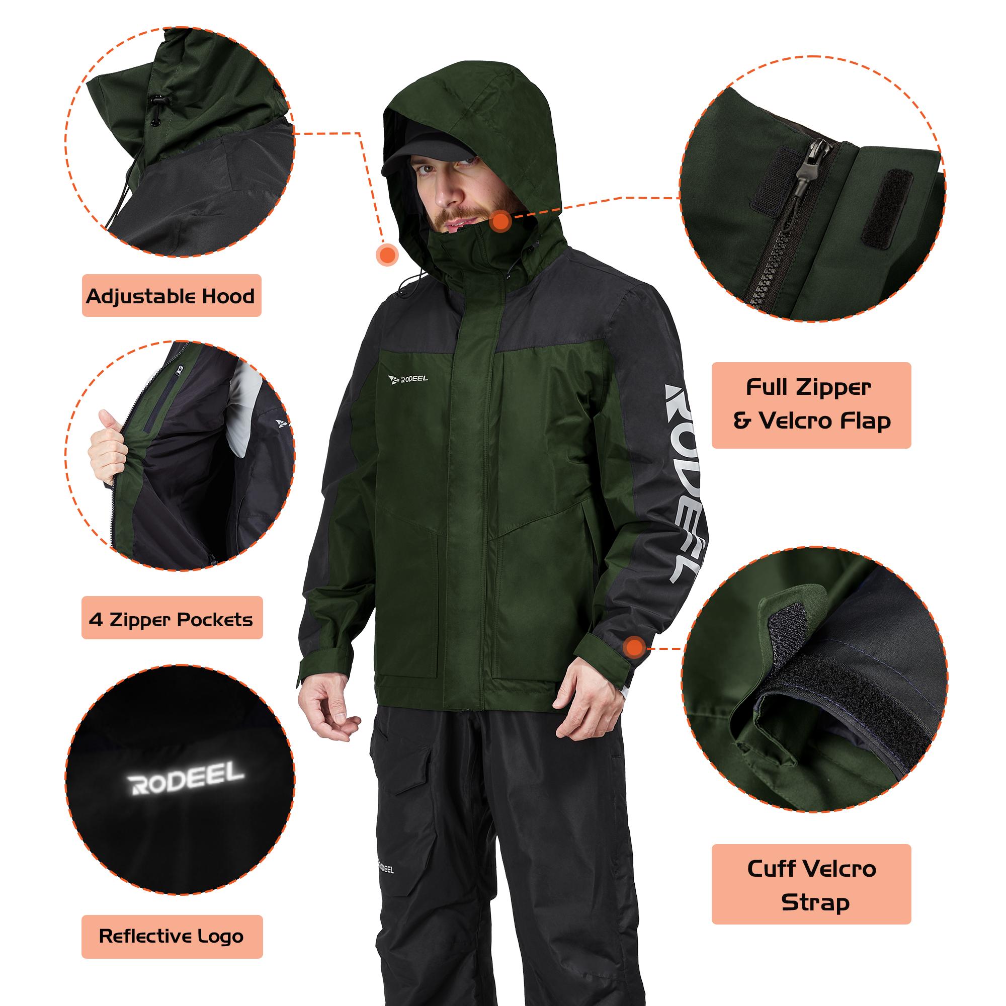 RODEEL 704 Premium Waterproof Jacket w/ Foldable Hood Men Lightweight Breathable Hooded Rainwear Durable Rain Coat Weatherproof Windbreaker For Outdoor Camping Fishing Boating Construction Roofing Landscaping Gardening Menswear, Holiday Gift