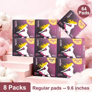 Zhuyinlife Organic Cotton Menstrual Pads 64ct | 8 Packs, 9.6 Inch Daily Use, 8HR Odor Control, Leakproof, Super Absorbent Unscented, All Day Flow