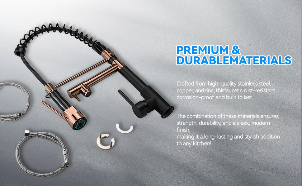 NGNP Kitchen faucet with pull-down spray, single handle double outlet commercial kitchen sink faucet, solid copper body, compatible with deck 1 or 3 holes sprayer black steel high arc Out Modern Decorative